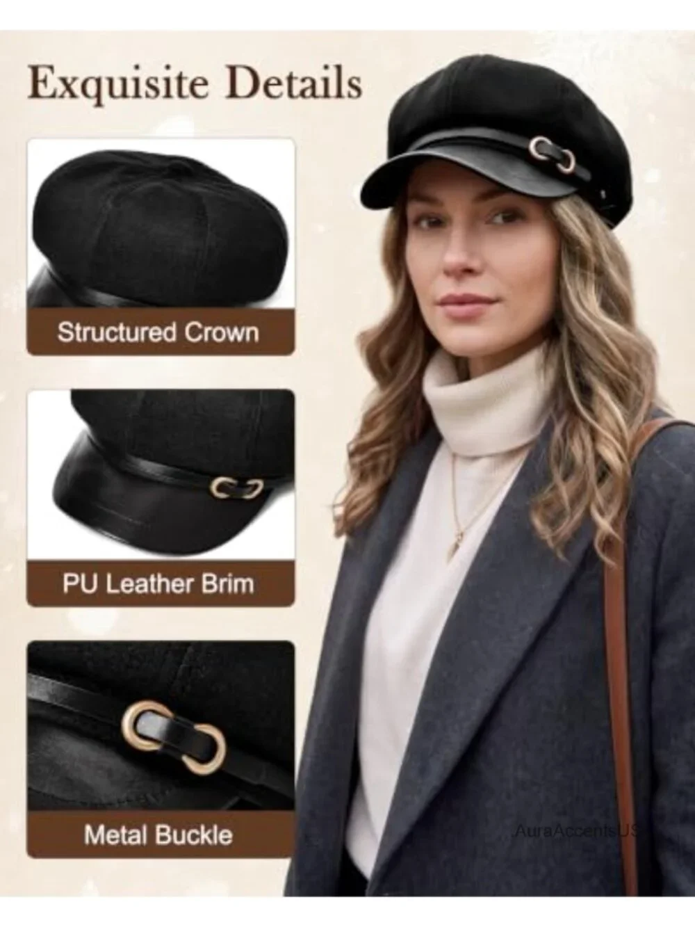Felt Newsboy Cap with PU Visor for Women